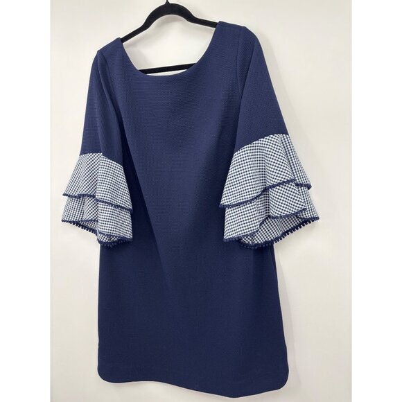 J. Howard Textured Gingham Tiered Bell Sleeve Dress Navy Size 16 - Picture 3 of 8